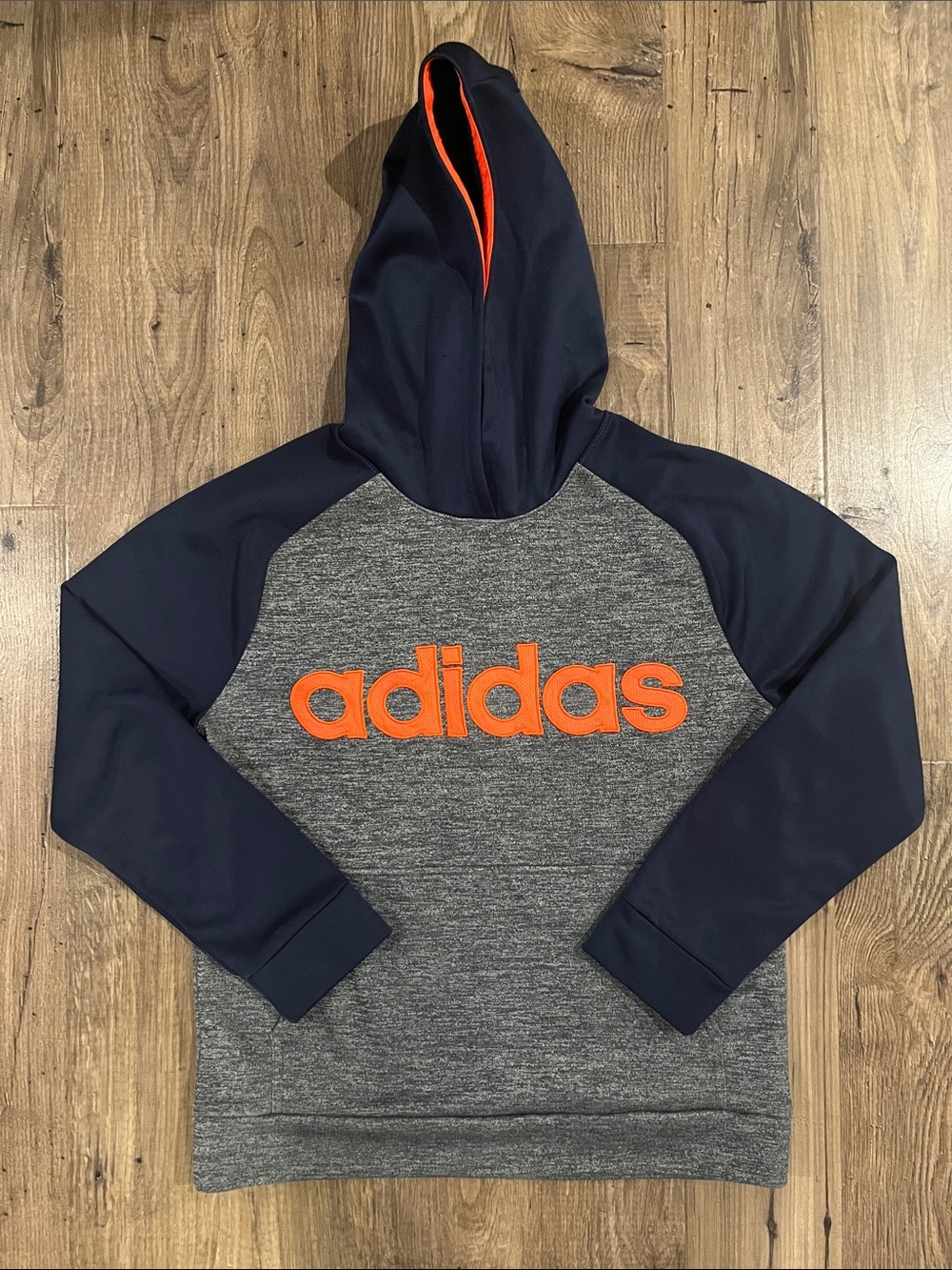 adidas Grey Heather & Navy Crewneck Hoodie with Orange Logo